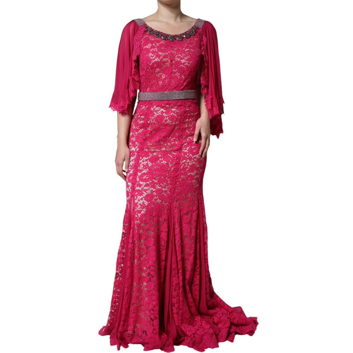 Dolce & Gabbana Pink Lace Crystal Sheath Long Gown Dress