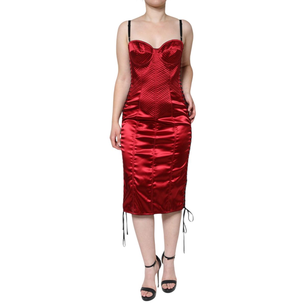 Dolce & Gabbana Red Bustier Corset Lace Bodycon Midi Dress