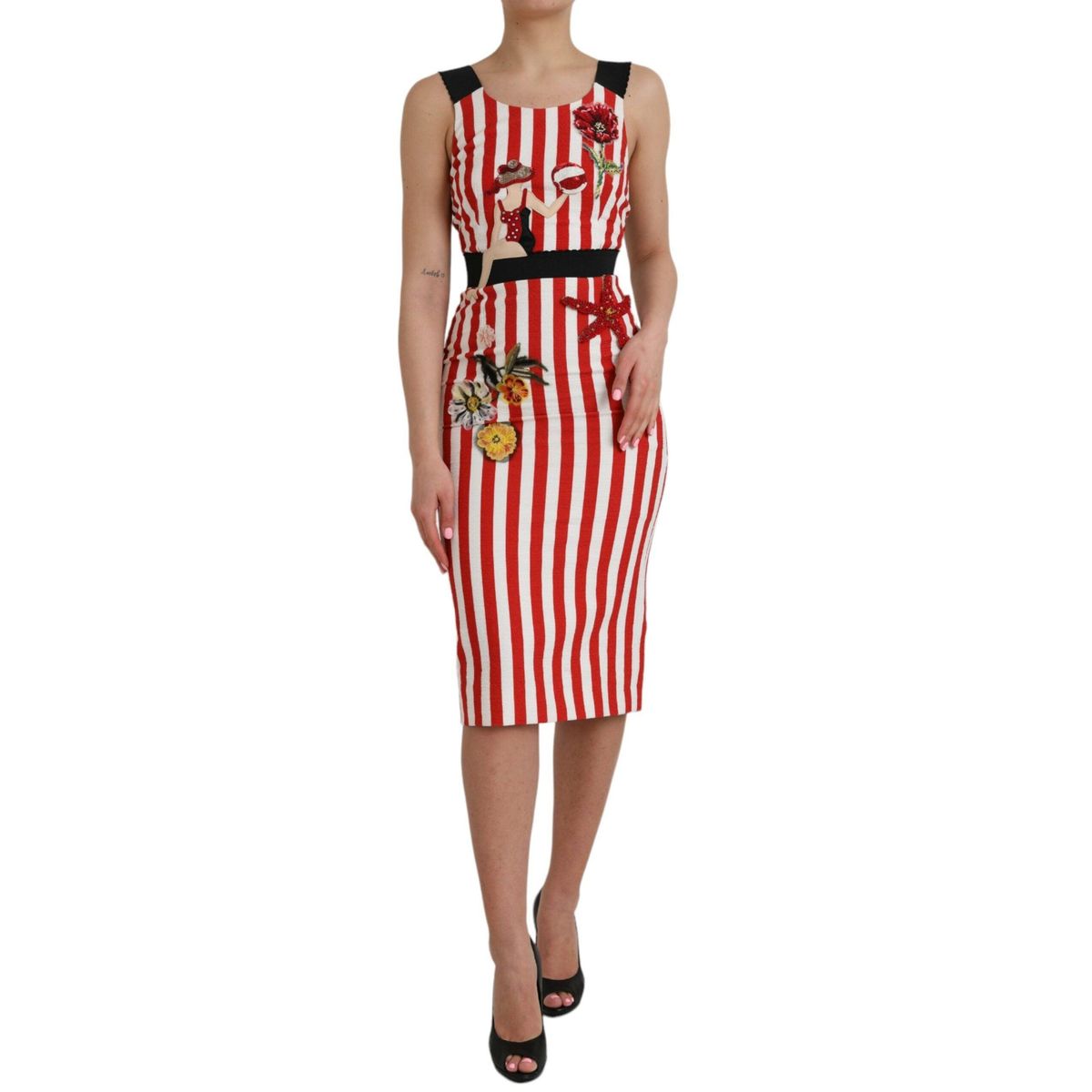 Dolce & Gabbana Red White Floral Sleeveless Sheath Midi Dress