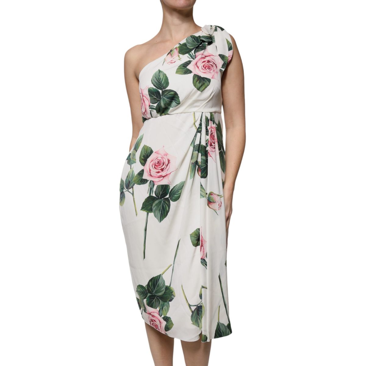 Dolce & Gabbana White Floral Silk One Shoulder Midi Dress