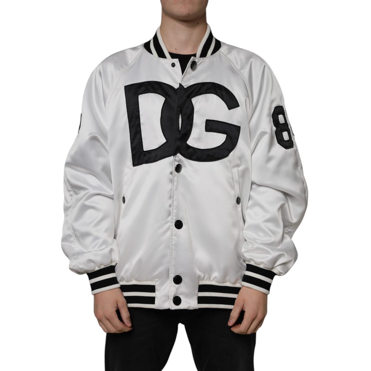 Dolce & Gabbana White Polyester Logo Full Zip Bomber Jacket