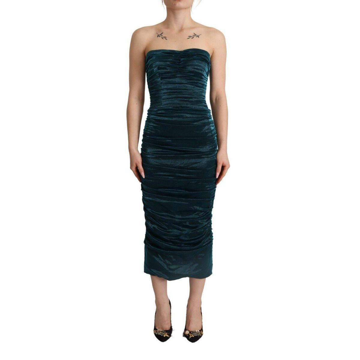 Dolce & Gabbana Turquoise Draped Satin Midi Dress