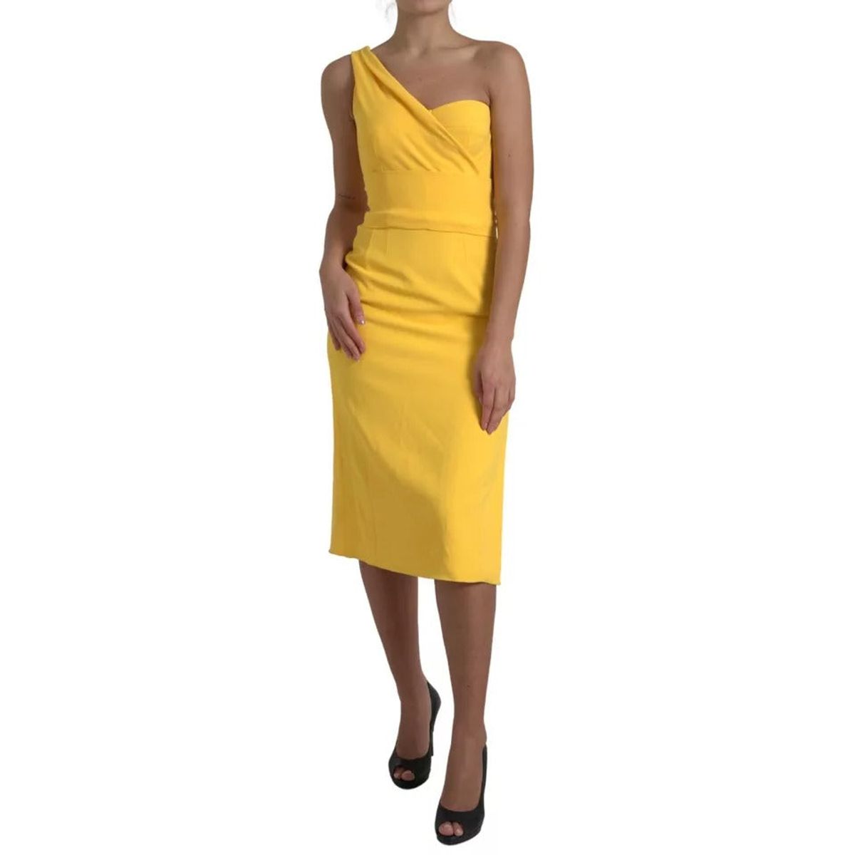 Dolce & Gabbana Yellow One Shoulder Side Slit Midi Dress