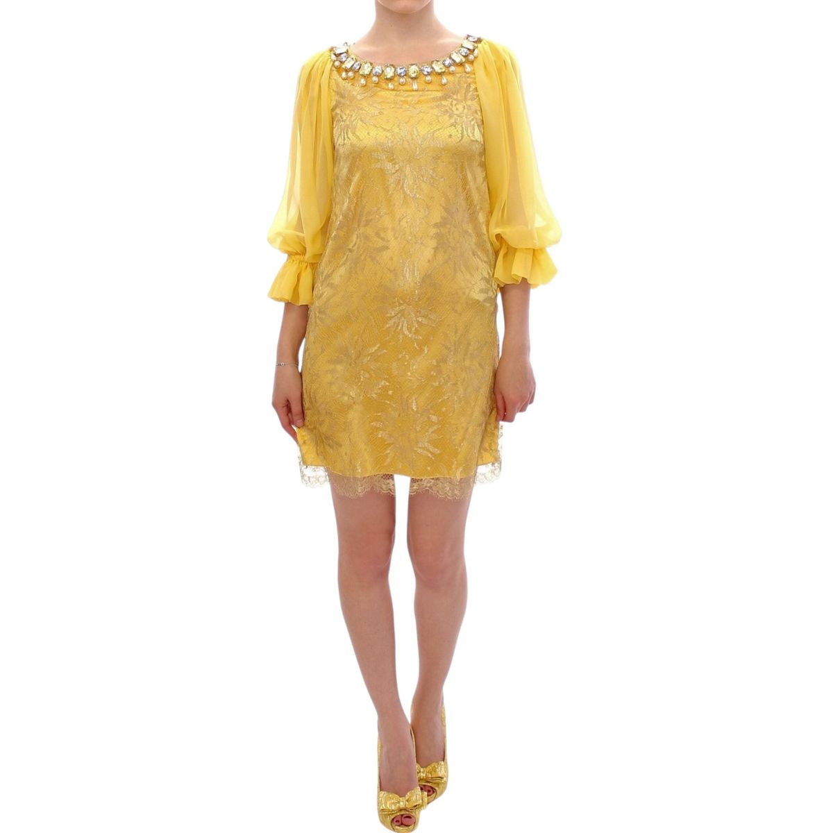 Dolce & Gabbana Yellow Lace Crystal Embellished Mini Dress