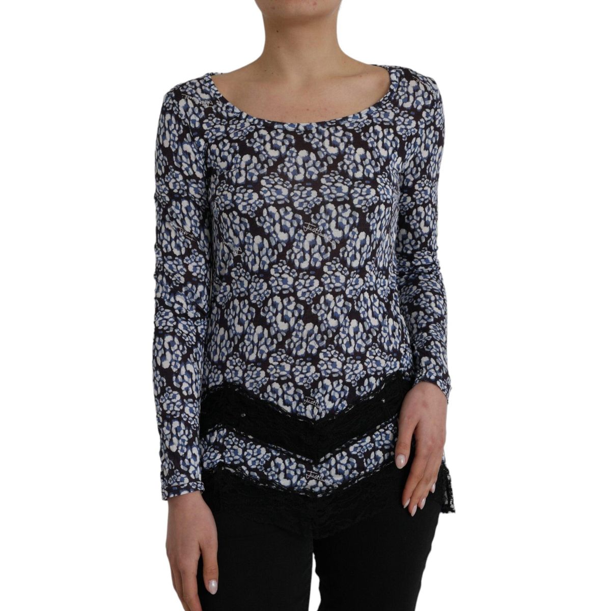 Just Cavalli Blue Floral Lace Long Sleeves Top Underwear Blouse