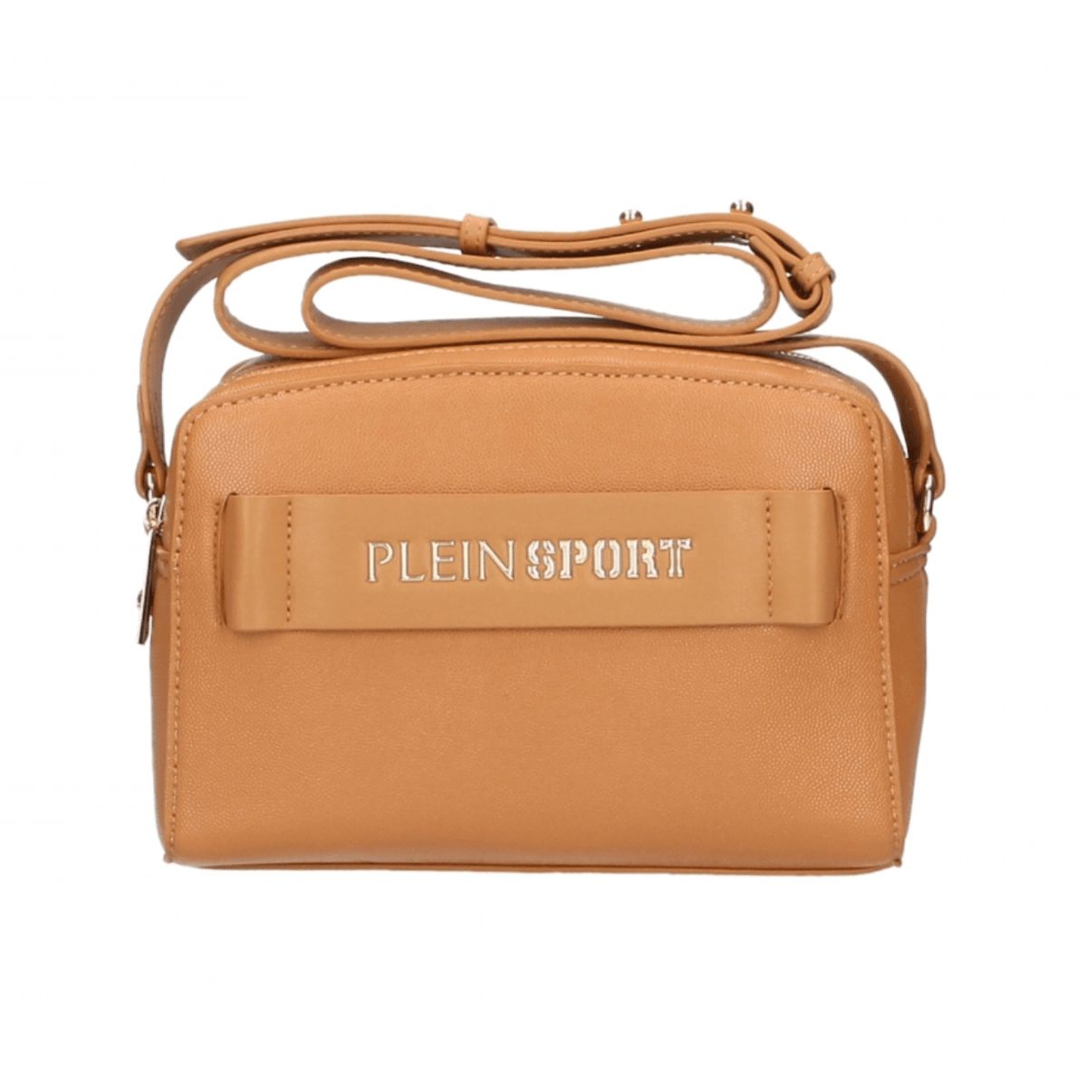 Plein Sport Chic Camel-Toned Crossbody with Double Zip Closure