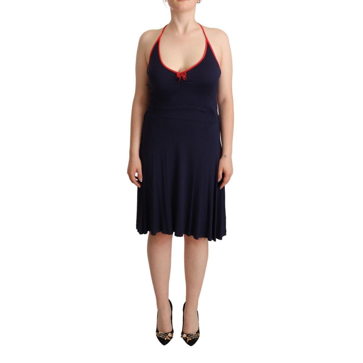 Roccobarocco Navy Blue Cotton Midi Halter Dress