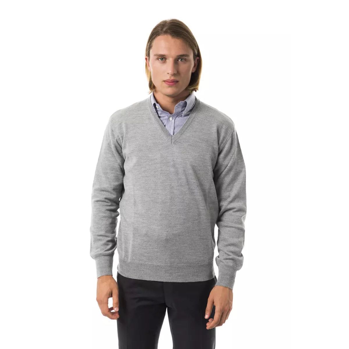 Uominitaliani Embroidered Wool V-Neck Sweater - Elegant Gray