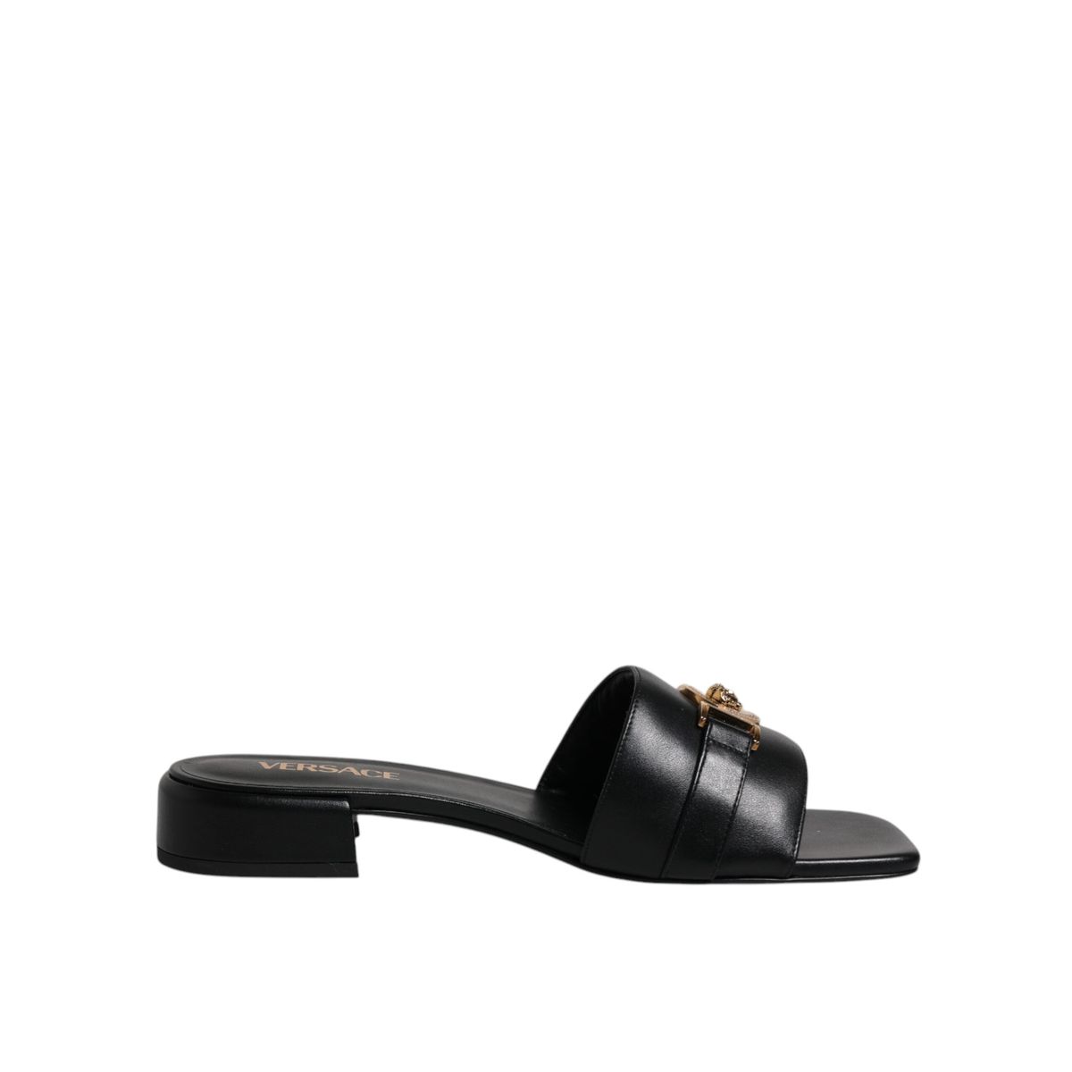 Versace Black Leather Logo Plaque Slip On Slides Flats Shoes