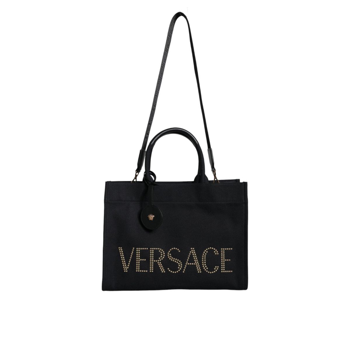 Versace Black Top Handle Canvas Leather Logo Crossbody Tote Bag