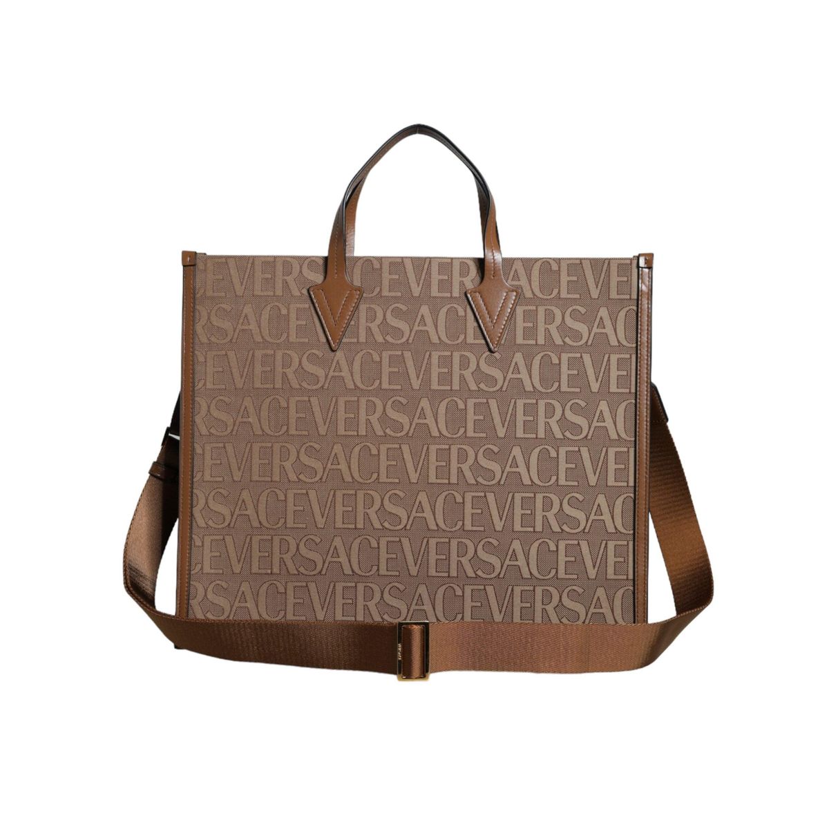 Versace Brown Top Handle Jacquard Leather Logo Crossbody Tote Bag