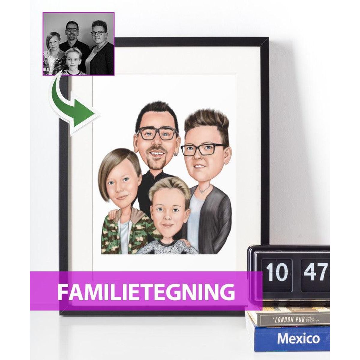 Familietegning - karikaturtegning efter dine fotos