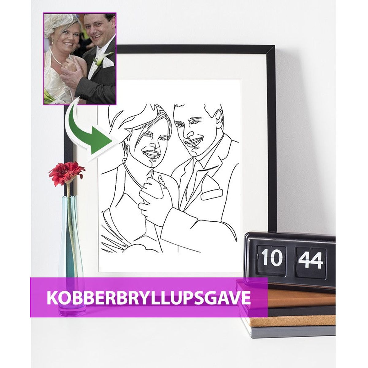 Kobberbryllupsgave - line art tegning efter dine fotos