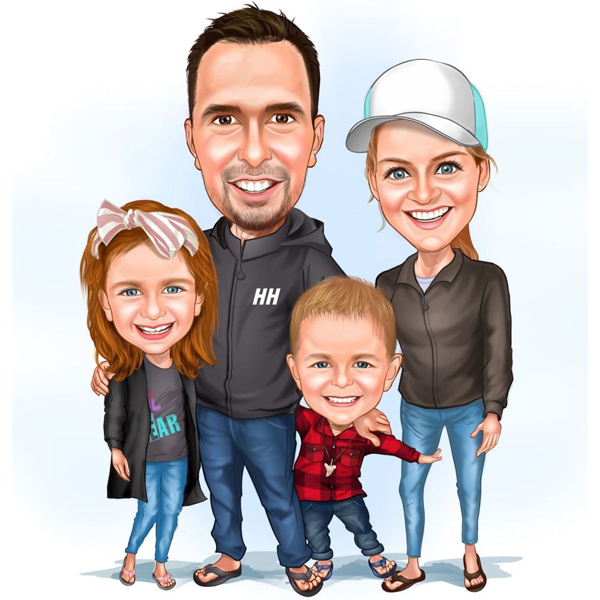 Familie tema3 (4 personer) - karikaturtegning efter dine fotos