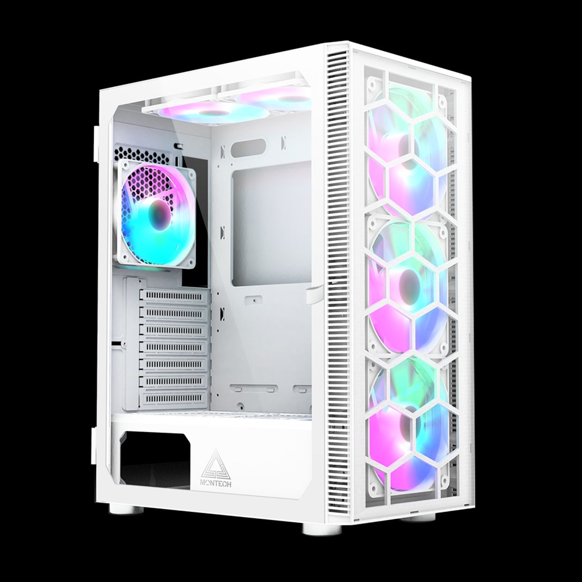 Montech X3 Glass White - 3x 140mm static RGB fans + 3x 120mm static RGB fans, Side Swivel Tempered Glass