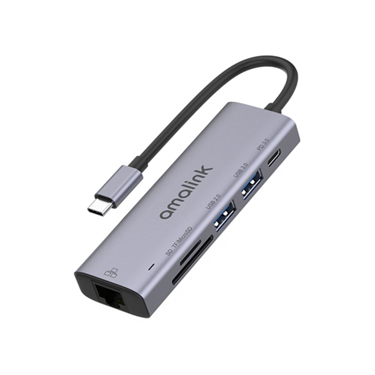 AMALINK&trade; | Multihub USB-C til 2xUSB-A / 1xUSB-C / SD/TF / Ethernet - Grå