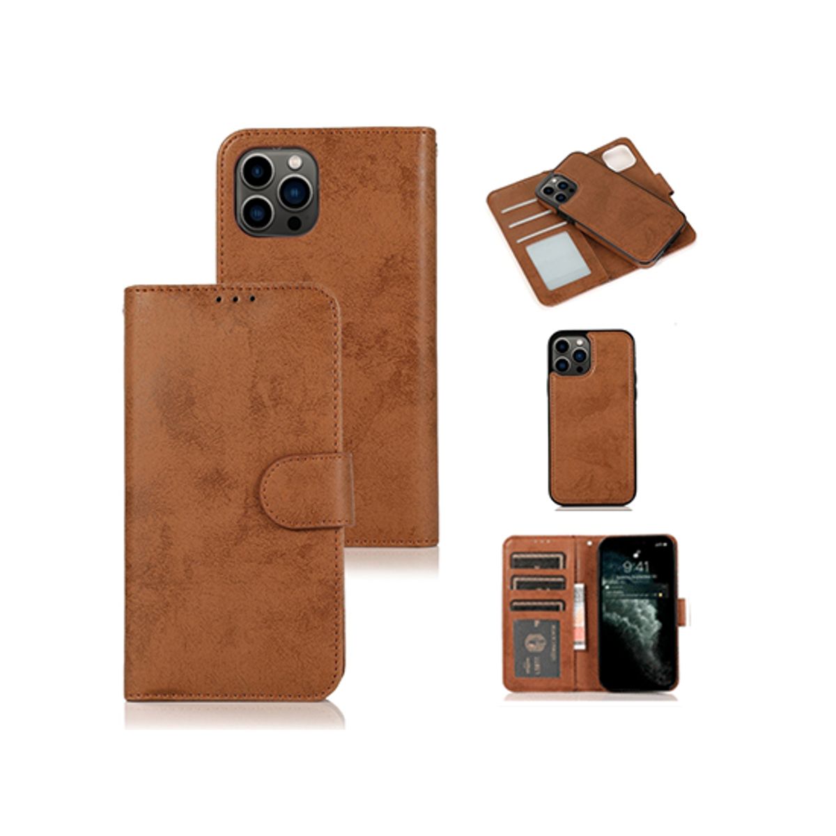 iPhone 13 Pro - Vintage 2-In-1 Læder Etui M. Aftageligt Cover - Brun