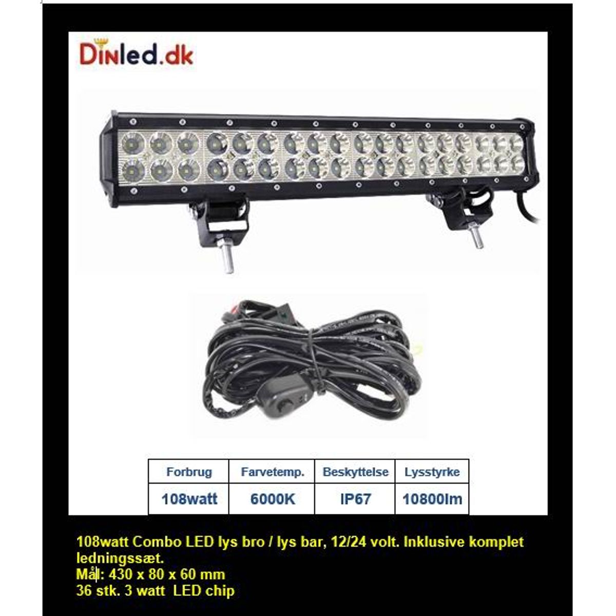 UDSALG - LED Lys bro / lys bar 108 watt 12/24 volt Combo - Dinled - Køretøjs projektører