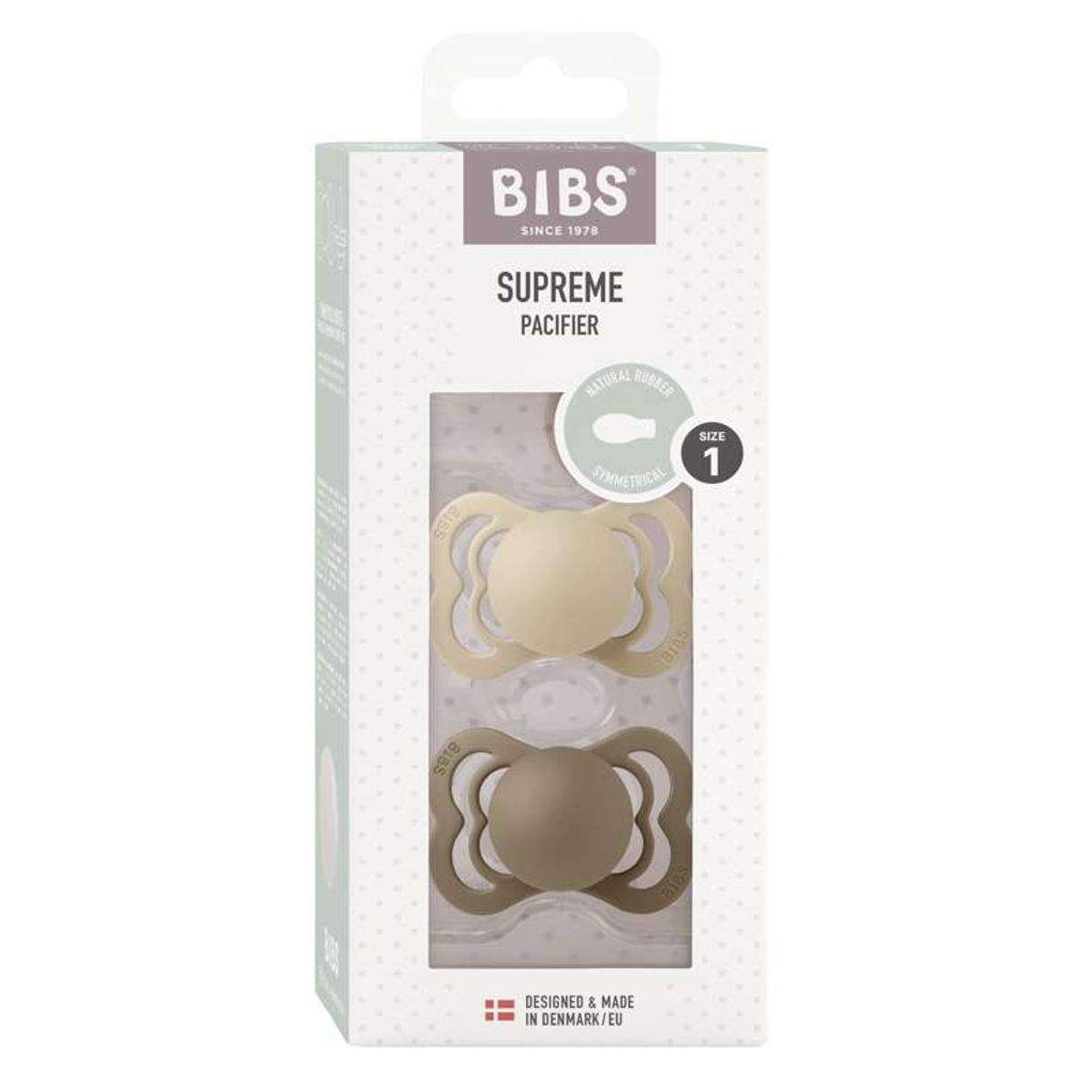 BIBS Supreme Sut - 2-Pak - Str. 1 - Naturgummi - Vanilla/Dark Oak