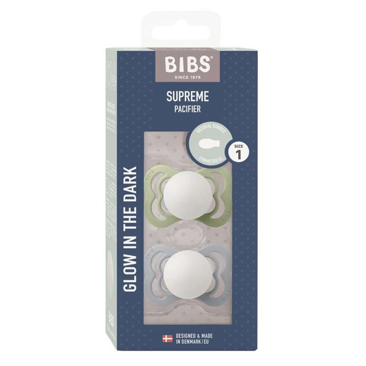 BIBS Supreme Sut - 2-Pak - Str. 1 - Naturgummi - GLOW - Sage/Cloud