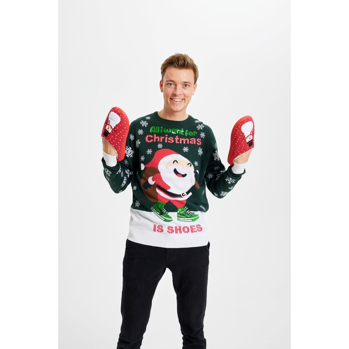 Årets julesweater: All I Want Is A Shoe - herre / mænd. Ugly Christmas Sweater lavet i Danmark