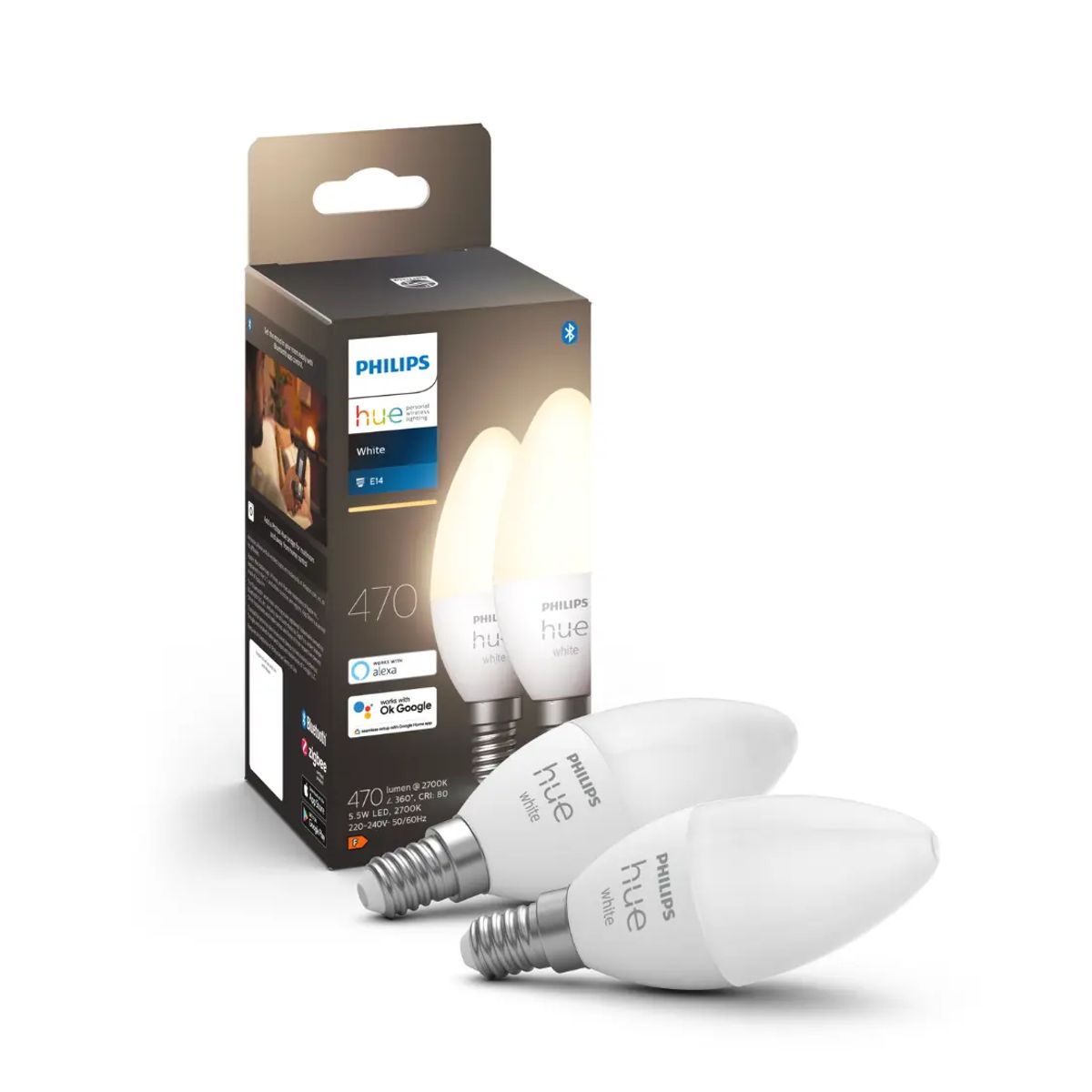 Philips Hue E14 - 2-Pak - White - Kerte - 2700K - 470lm - 5,5W