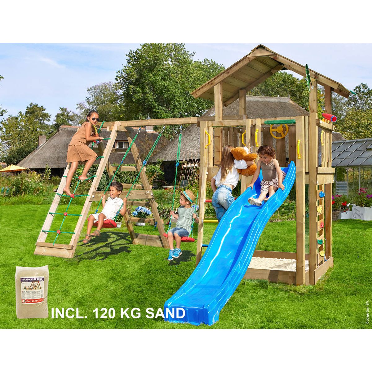 Legetårn Jungle Gym Chalet 2.1 m/2-Climb Module 220, blå rutschebane og 120 kg sand