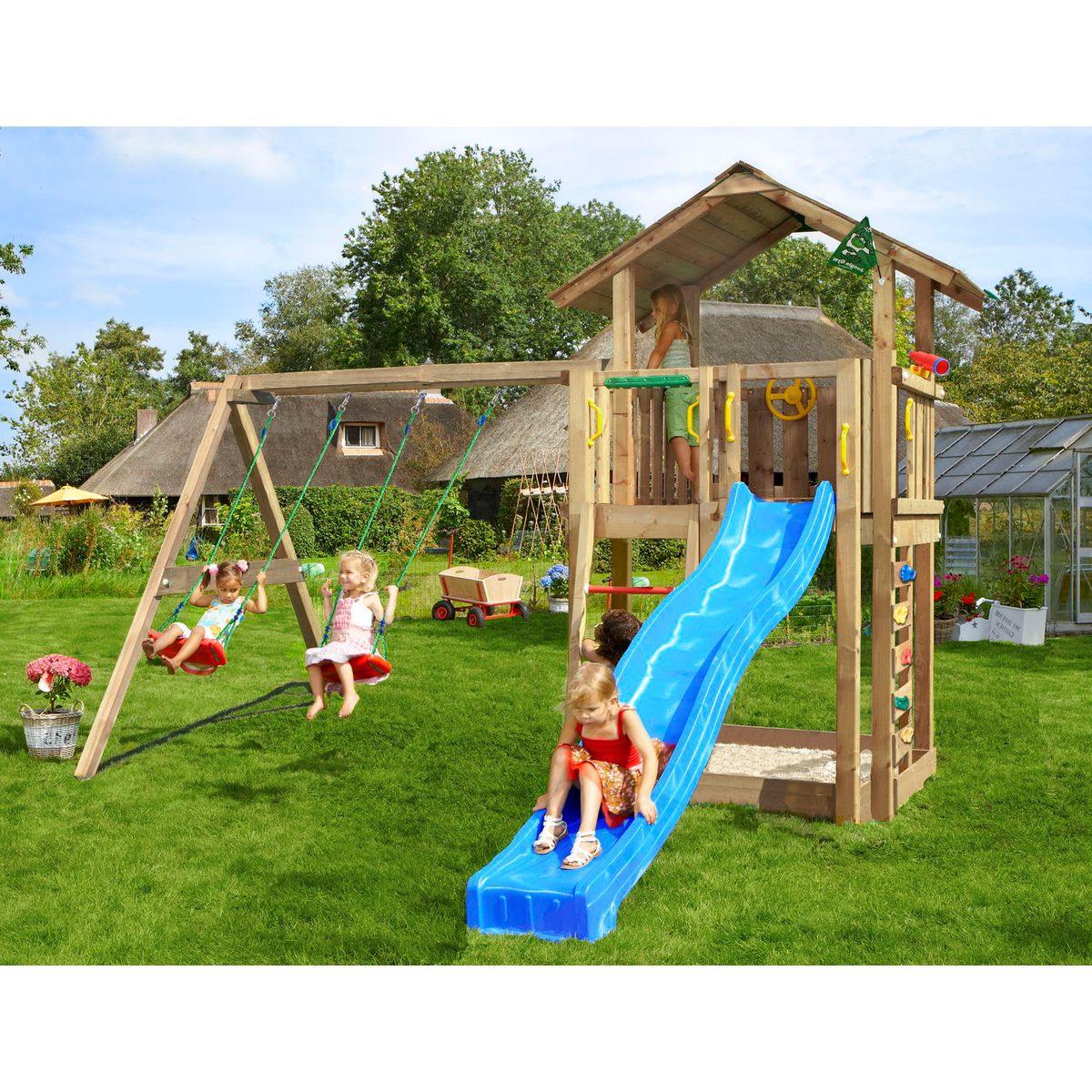 Legetårn Jungle Gym Chalet 2.1 m/2-Swing Module 220 og grøn rutschebane