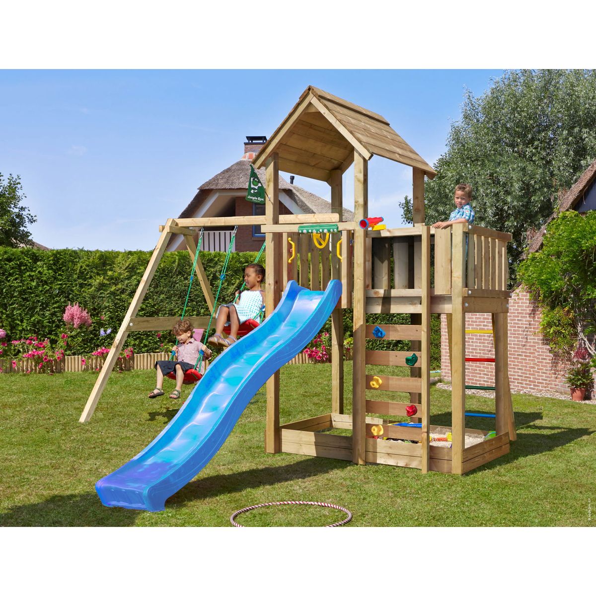 Legetårn Jungle Gym Mansion 2.1 m/2-Swing Module 220 og blå rutsjebane