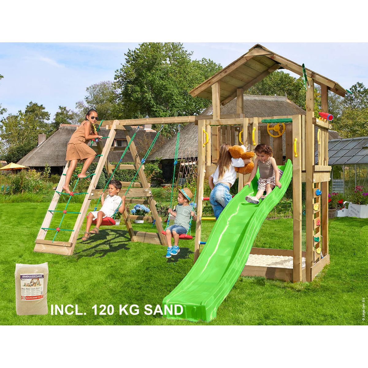 Legetårn Jungle Gym Chalet 2.1 m/2-Climb Module 220, grøn rutschebane och 120 kg sand