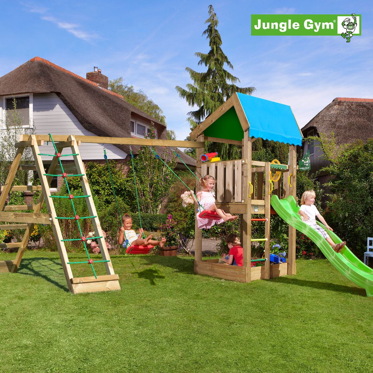 Jungle Gym Home legetårn komplet inkl. climb module xtra og rutschebane