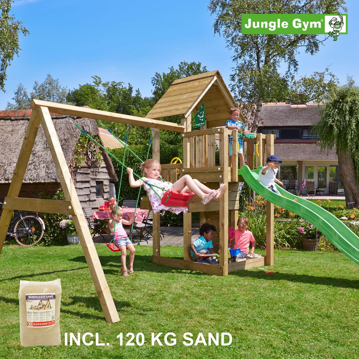 Jungle Gym Cubby legetårn komplet inkl. swing module xtra, 120 kg sand og grøn rutschebane