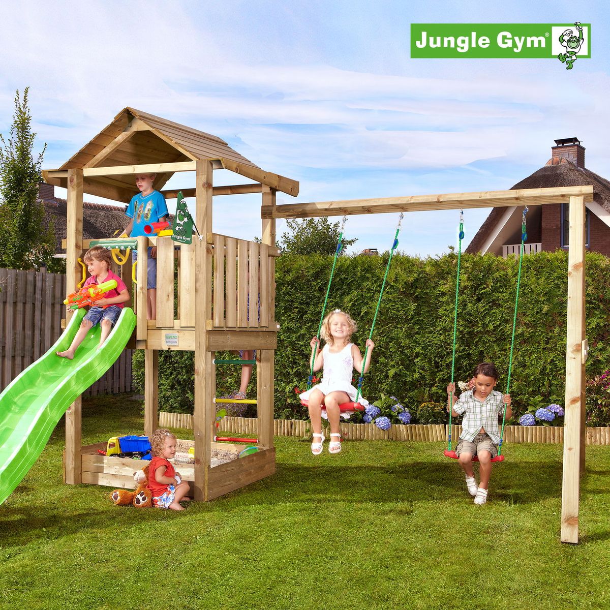 Jungle Gym House legetårn komplet inkl. swing module xtra og rutschebane