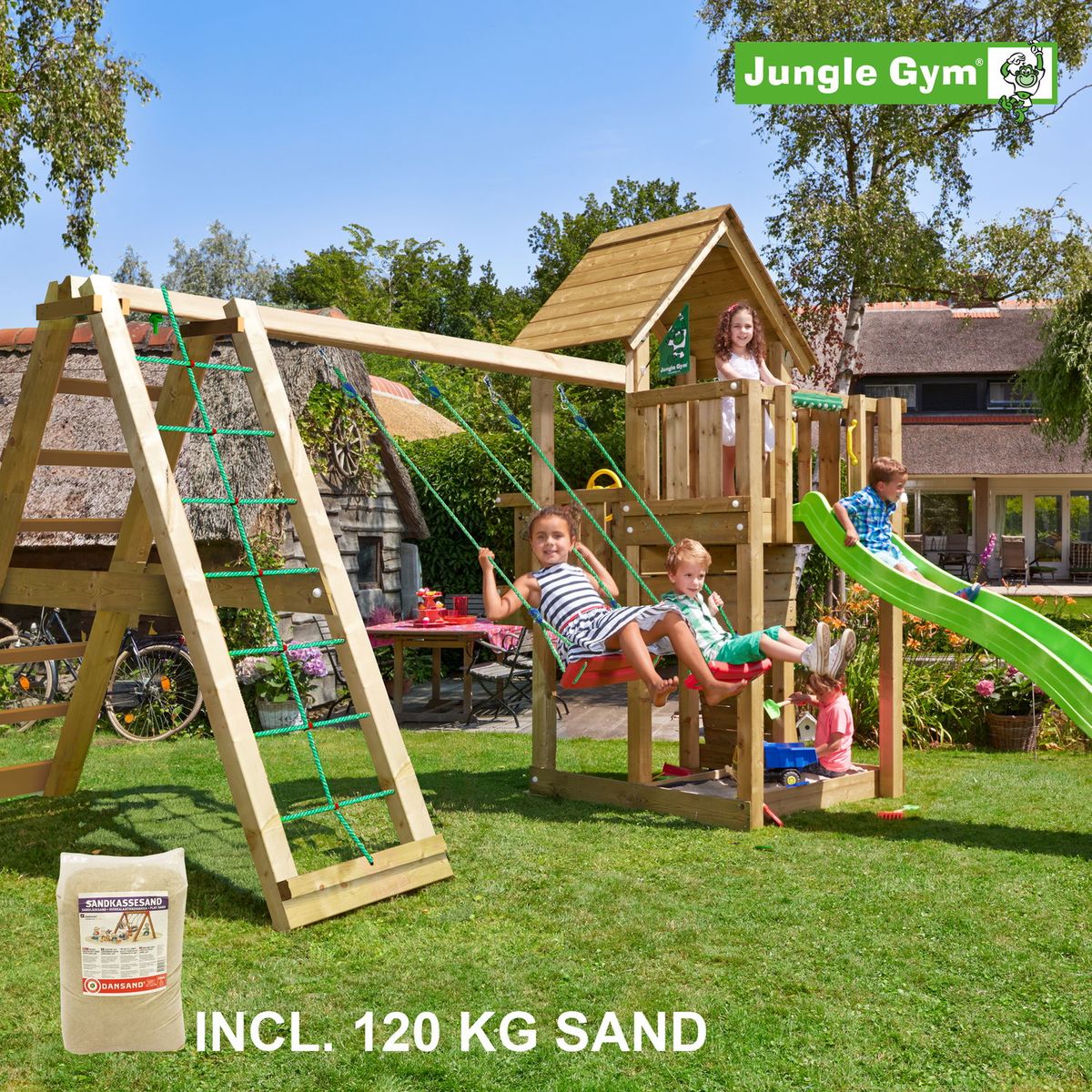 Jungle Gym Cubby legetårn komplet inkl. climb module xtra, 120 kg sand og grøn rutschebane