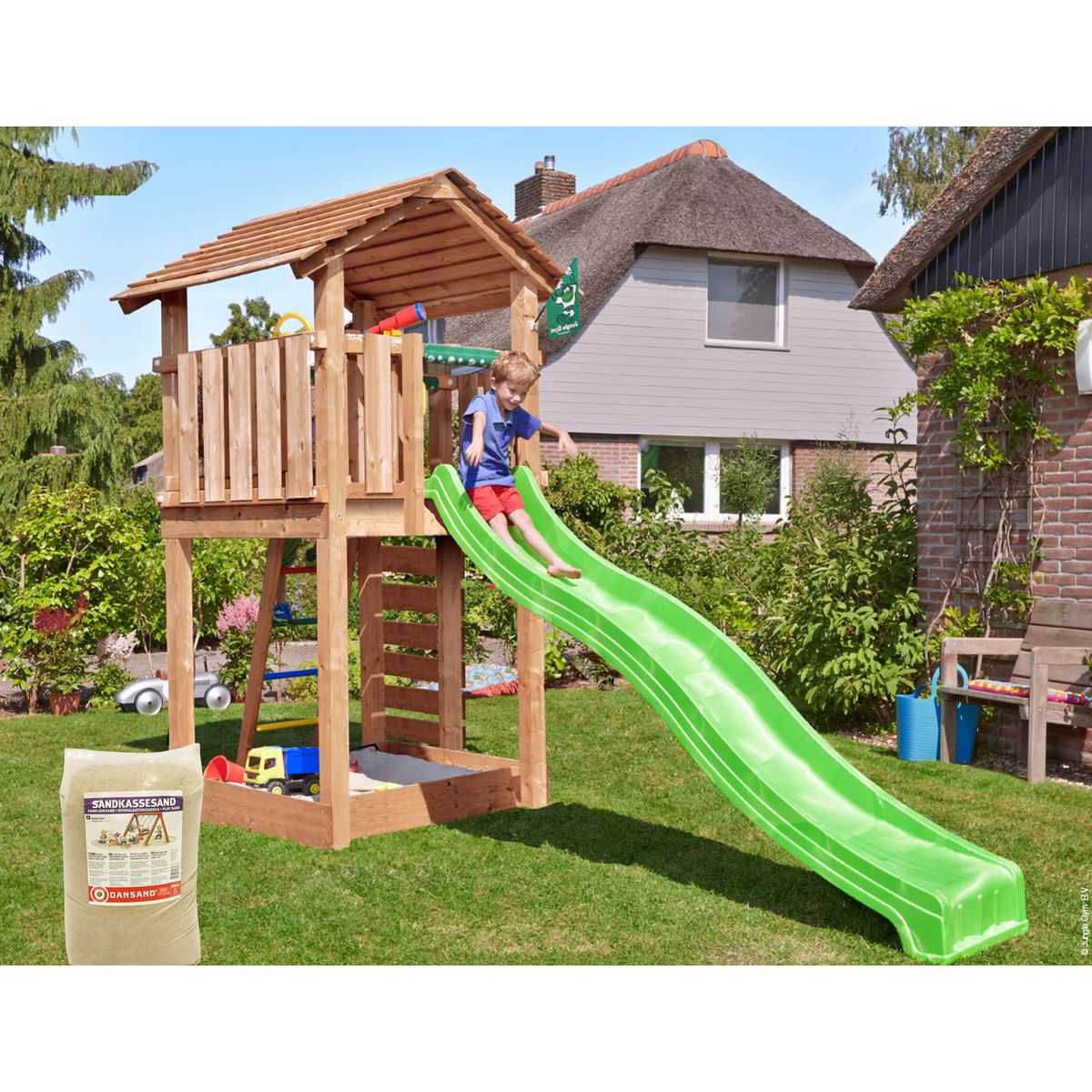 Legetårn Jungle Gym Cottage 2.1 m/grøn rutschebane og 120 kg sand