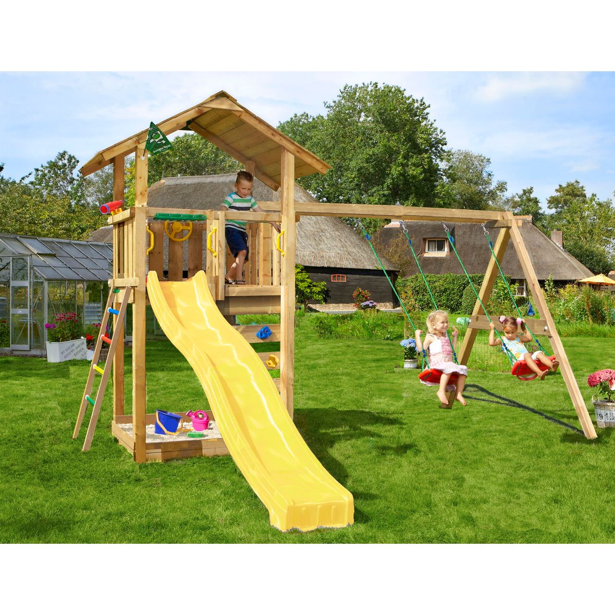 Legetårn Jungle Gym Sierra 2.1 m/Swing Module 220 og gul rutschebane