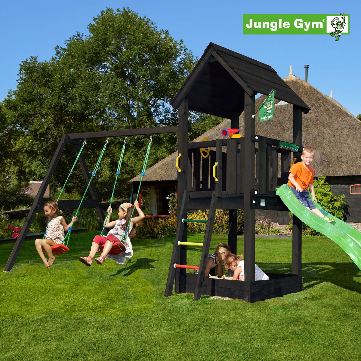 Jungle Gym Club legetårn komplet inkl. swing module xtra ekskl. rutschebane, grundmalet sort