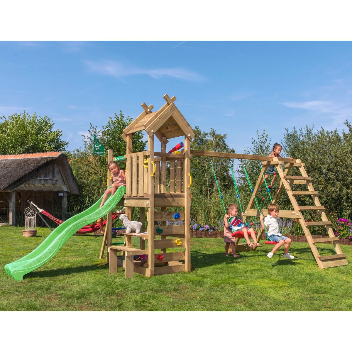 Legetårn Jungle Gym Teepee m/2-Climb Module 200 og grøn rutschebane