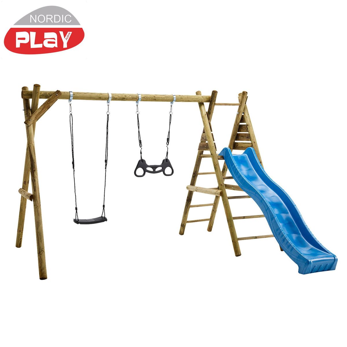 NORDIC PLAY Active gyngestativ 240 cm med platform m/1 sort gynge og 1 sort trapez inkl. blå rutsjebane