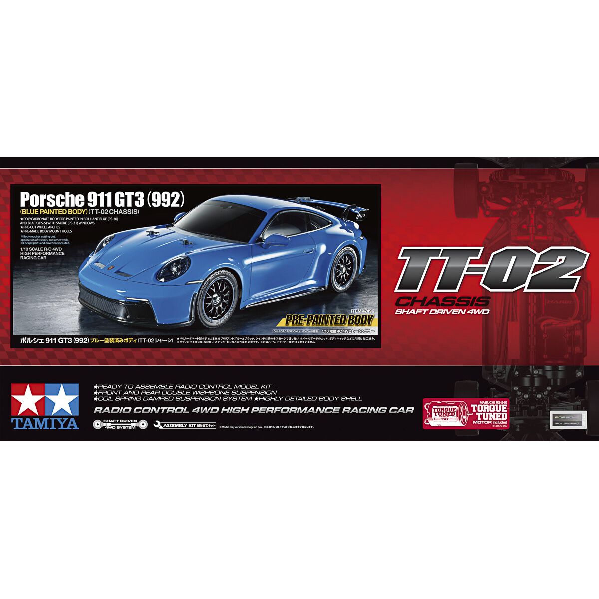 Tamiya - Rc Porsche 911 Gt3 992 Blue Tt-02 Fjernstyret Bil Byggesæt - 1:10 - 47496