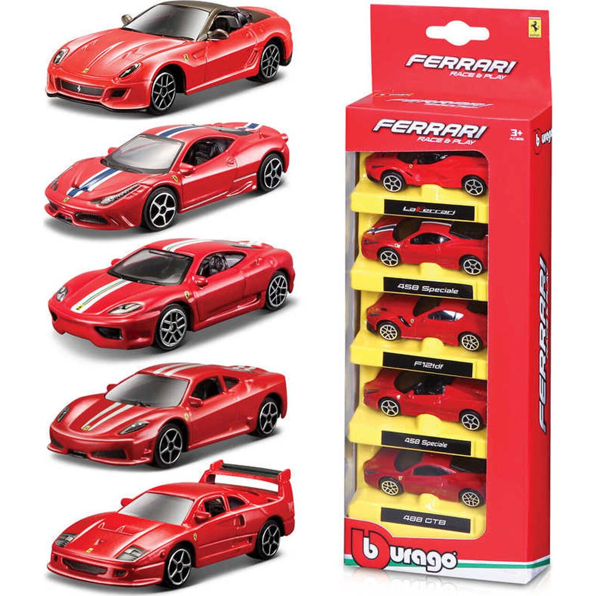 Bburago - Ferrari Race & Play Sæt Med 5 Biler - 1:64 - 7 Cm - Assorteret