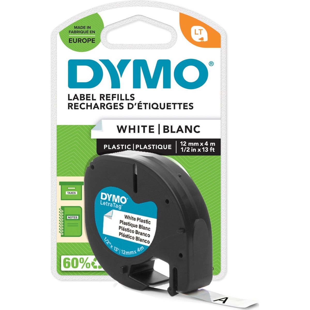 Dymo Tape Plast - L 4 M - B 12 Mm - Hvid - 4 M