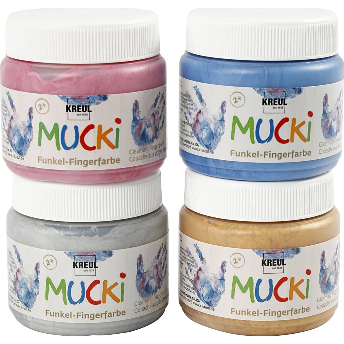 Mucki Fingermaling - Metallic Blå - Metal Guld - Metallic Rosa - Metal Sølv - 4x150 Ml