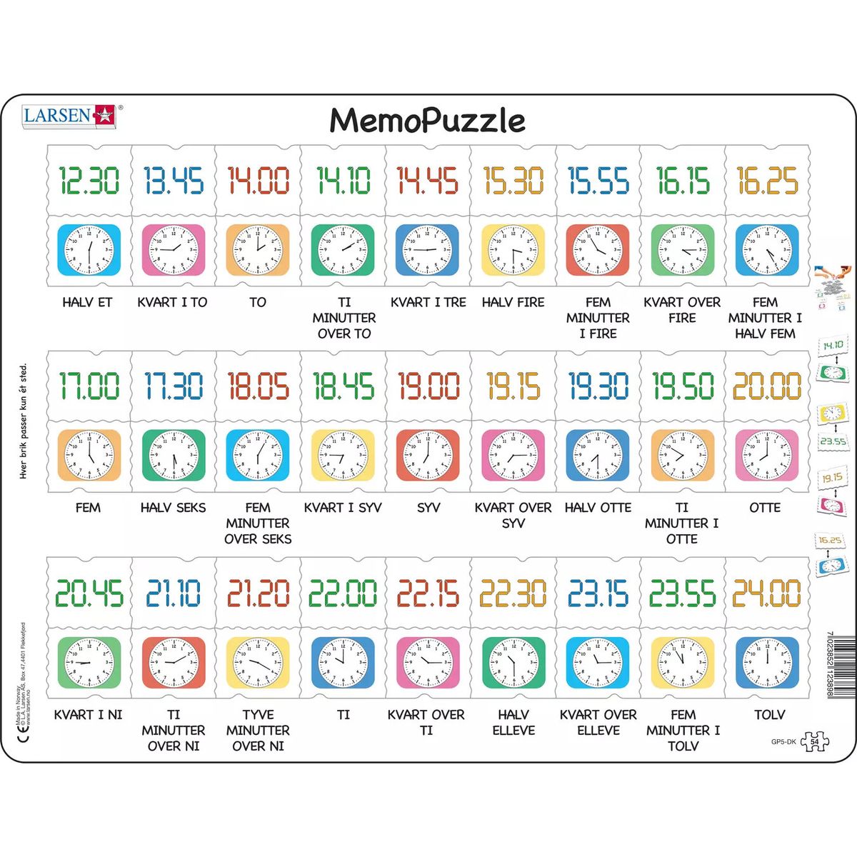 Lær Klokken Spil - Puslespil Og Memo - Maxi - 54 Brikker - Larsen