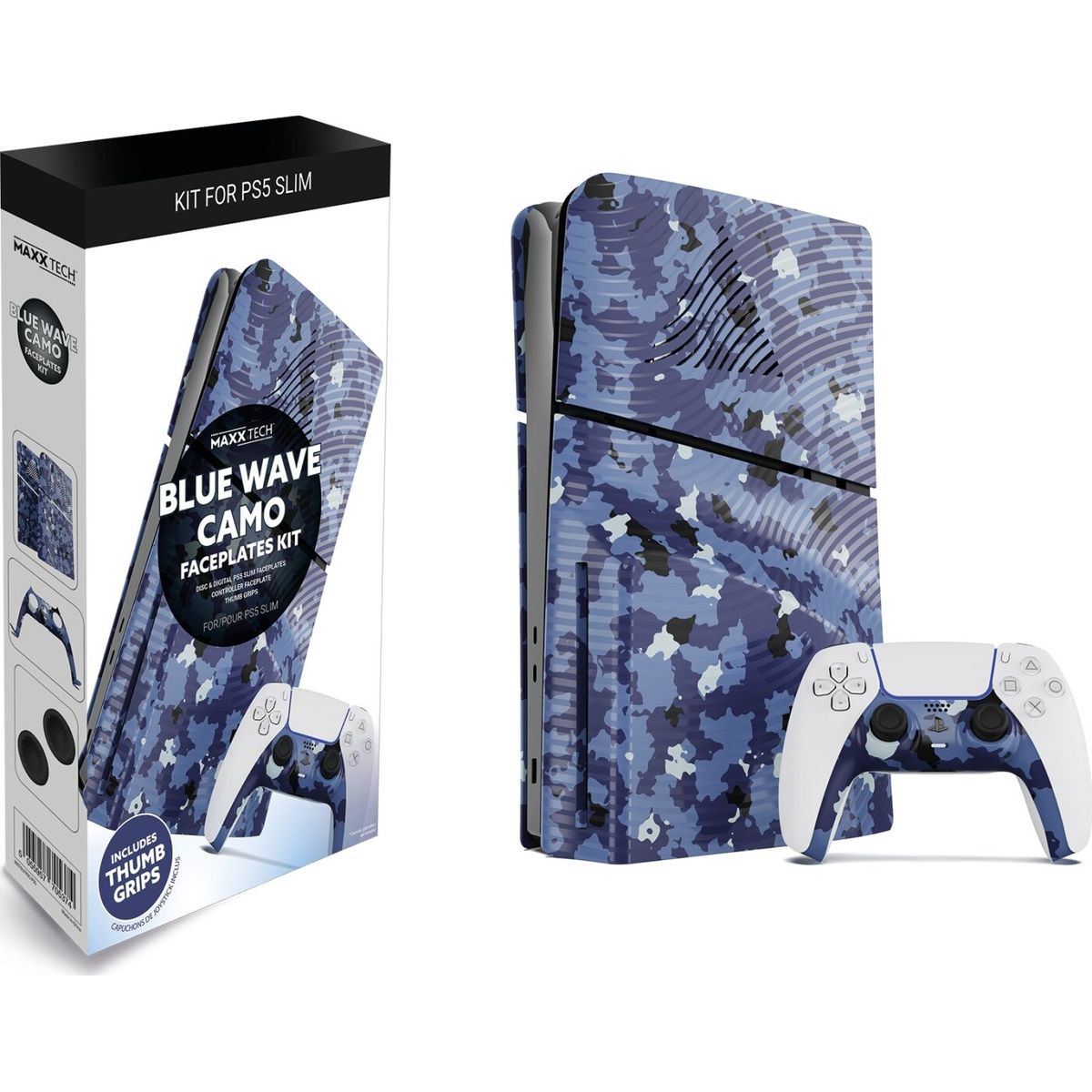 Maxx Tech Ps5 Slim Faceplates + Controller Faceplates - Blue Wave Camo