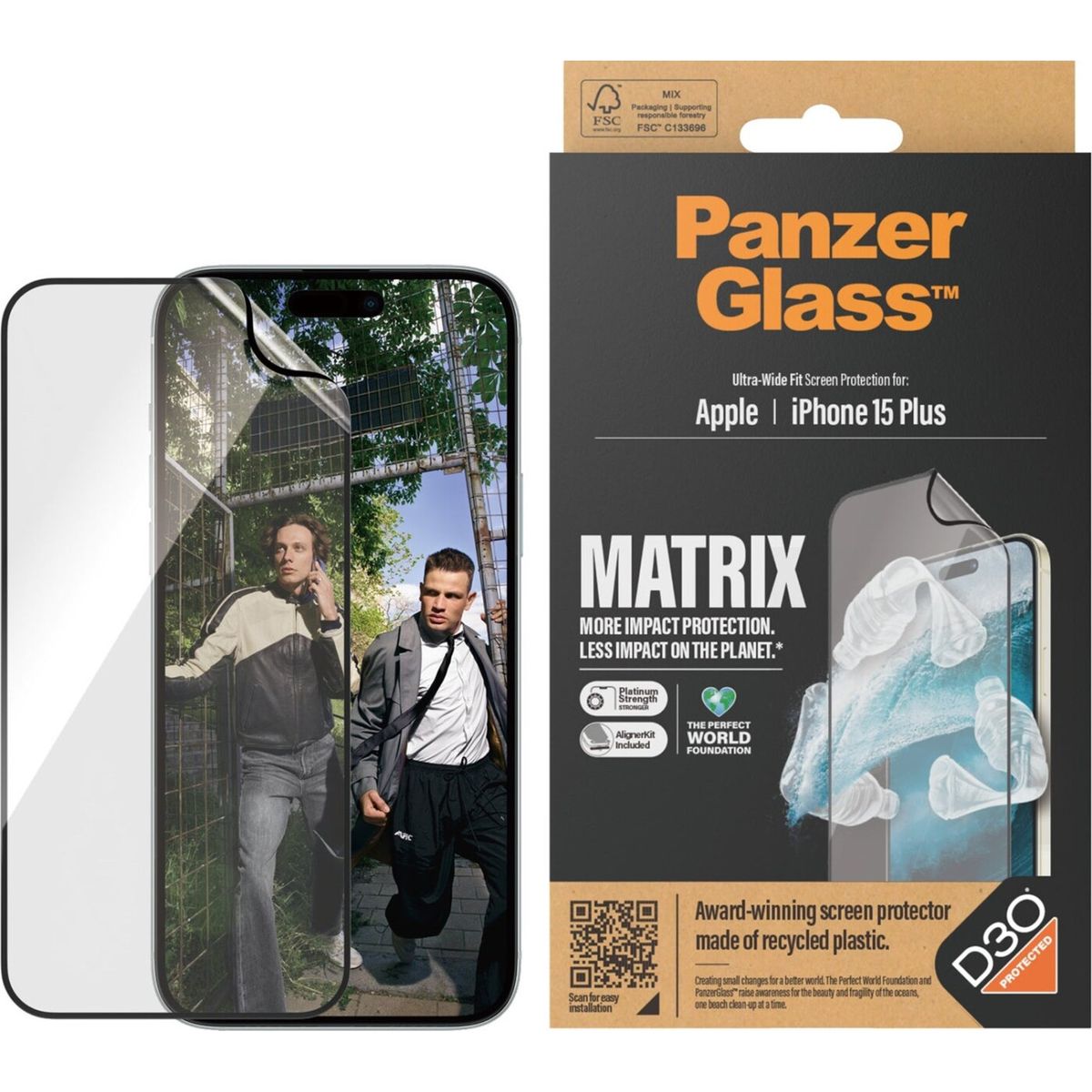 Panzerglass - Eco Matrix Screen Protector With D3o Iphone 15 Plus - Ultra-wide Fit W. Alignerkit