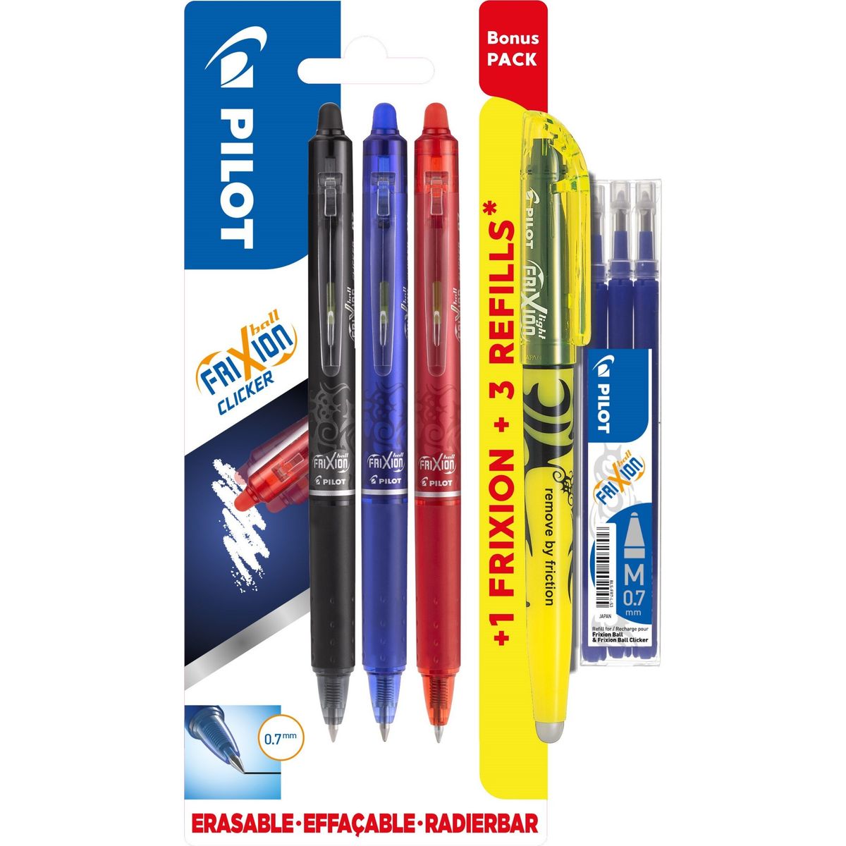 Pilot - Frixion Clicker Pens M/klik 0,7 Bonuspakke 3+light+refillset