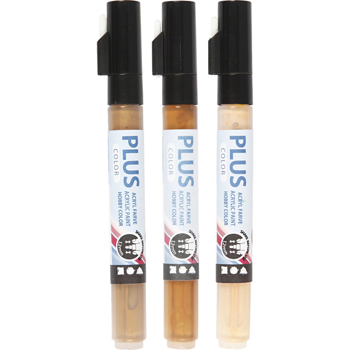 Plus Color Tusch - L 14,5 Cm - Tykkelse 1-2 Mm - Lys Pudder - Guld - Raw Sienna - 3 Stk. - 5,5 Ml