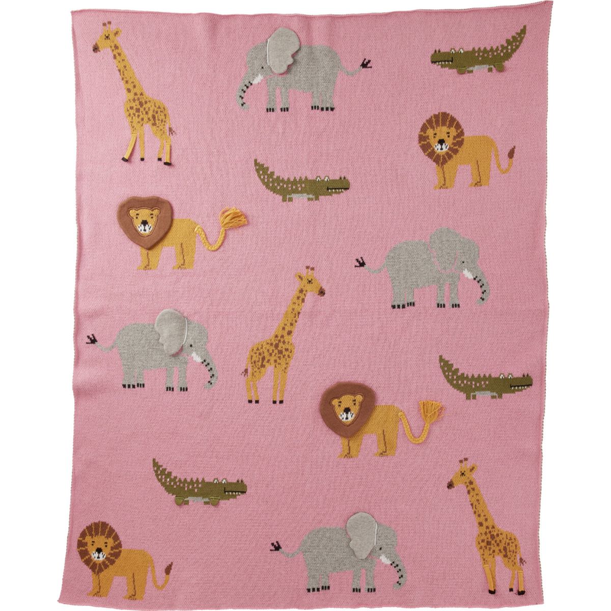 Rice - Knitted Baby Blanket With Animals And 3d Details - Pink