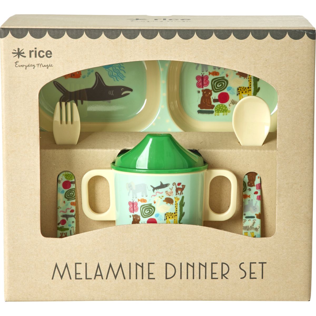 Rice - Melamine Baby Dinner Set - Wildlife Print - Mint And Blue